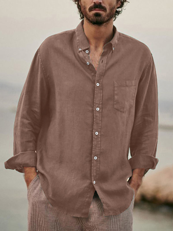 Men's new European and American fashion solid color loose single-breasted long-sleeved lapel shirt Shello Creative Boutique