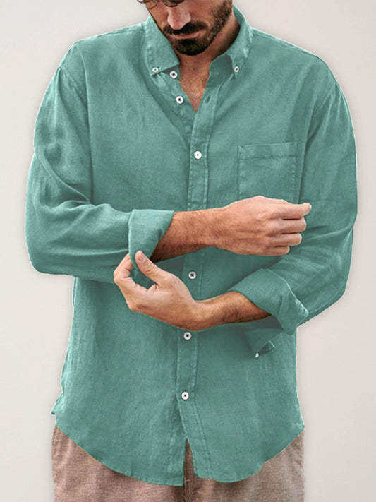 Men's new European and American fashion solid color loose single-breasted long-sleeved lapel shirt Shello Creative Boutique