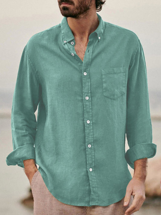 Men's new European and American fashion solid color loose single-breasted long-sleeved lapel shirt Shello Creative Boutique