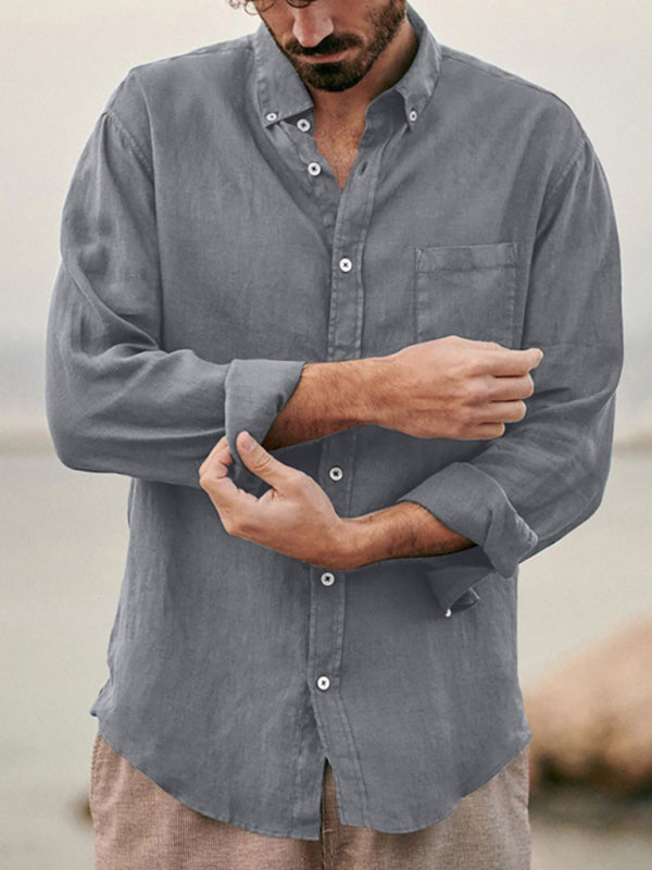 Men's new European and American fashion solid color loose single-breasted long-sleeved lapel shirt Shello Creative Boutique