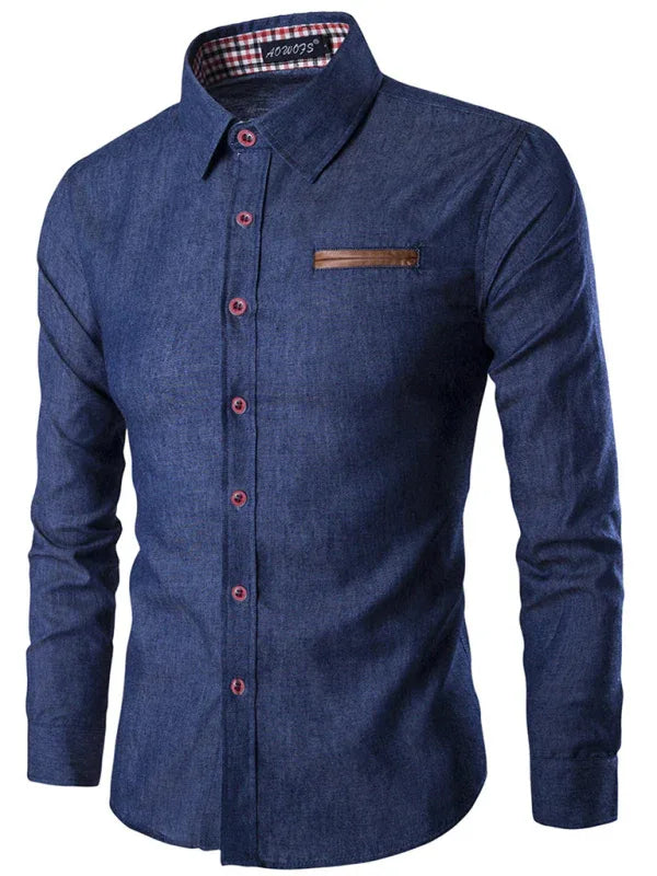 Men's Casual Shirt Pocket Patch Leather Long Sleeve Shirt Denim Shirt - Shello's Creative Boutique