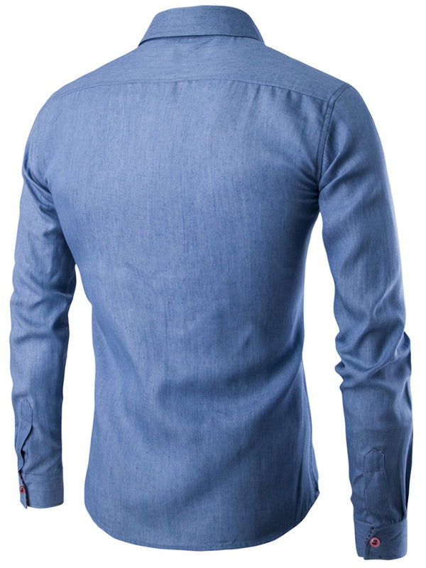 Men's Casual Shirt Pocket Patch Leather Long Sleeve Shirt Denim Shirt Shello Creative Boutique