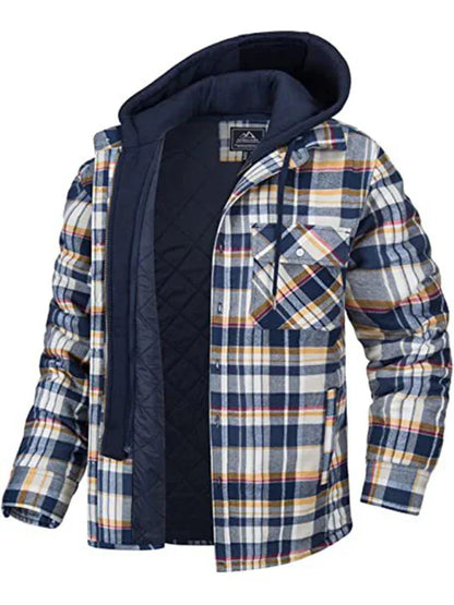 Men Casual Thickened Padded Plaid Long Sleeve Loose Hooded Jacket - Shello's Creative Boutique