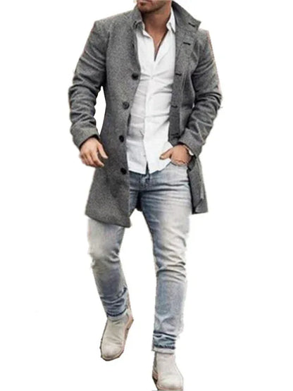 New Men's Woolen Stand Collar Mid-Length Pocket Casual Coat - Shello's Creative Boutique