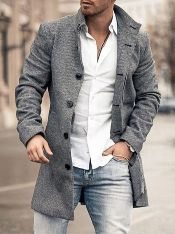 New men's woolen stand collar mid-length pocket casual coat Shello's Creative Boutique