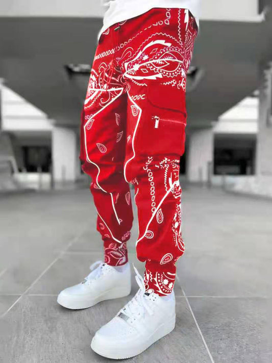 New printed cashew flower harem pants men's loose high street multi-pocket overalls Shello's Creative Boutique
