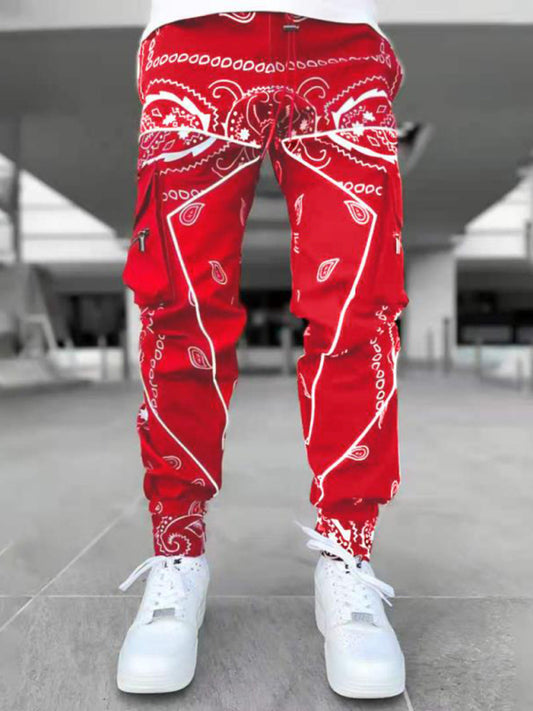 New printed cashew flower harem pants men's loose high street multi-pocket overalls Shello's Creative Boutique