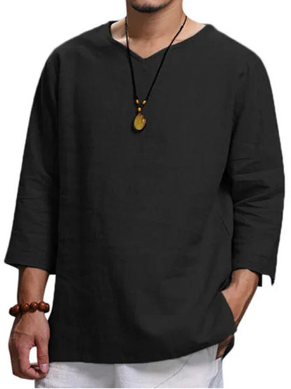 Men V-Neck Cotton Linen Loose Shirt – Light, Breezy, and Stylish for Warm Days! - Shello's Creative Boutique