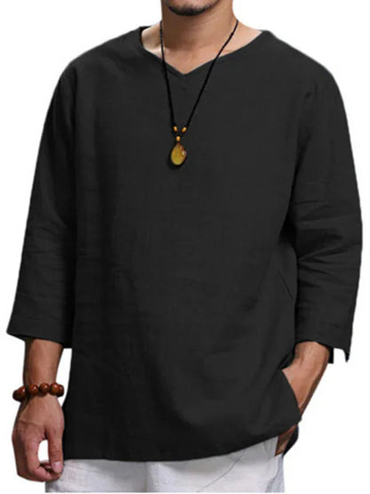 Men V-Neck Cotton Linen Loose Shirt – Light, Breezy, and Stylish for Warm Days! - Shello's Creative Boutique