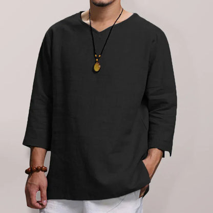 Men V-Neck Cotton Linen Loose Shirt – Light, Breezy, and Stylish for Warm Days! - Shello's Creative Boutique