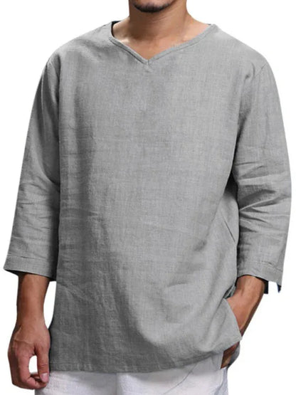 Men V-Neck Cotton Linen Loose Shirt – Light, Breezy, and Stylish for Warm Days! - Shello's Creative Boutique