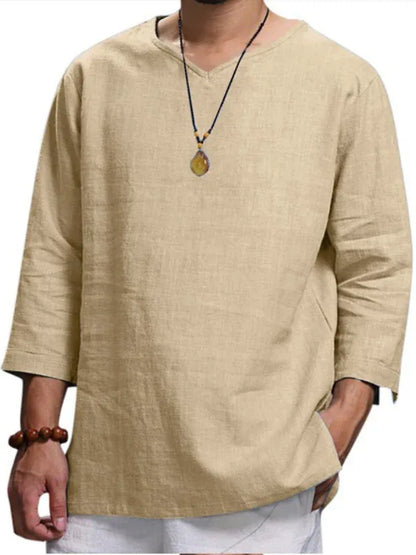 Men V-Neck Cotton Linen Loose Shirt – Light, Breezy, and Stylish for Warm Days! - Shello's Creative Boutique