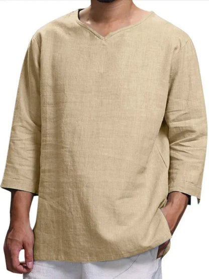 Men V-Neck Cotton Linen Loose Shirt – Light, Breezy, and Stylish for Warm Days! - Shello's Creative Boutique