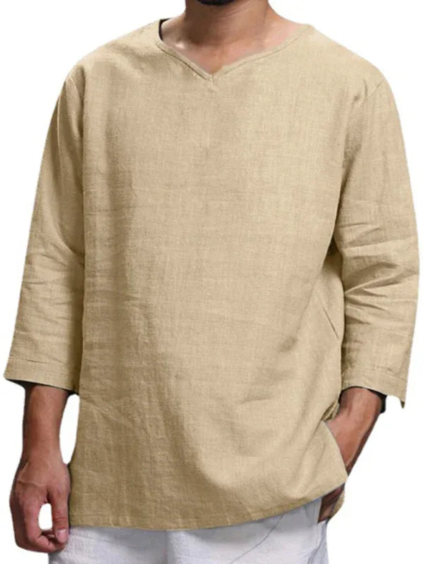 Men V-Neck Cotton Linen Loose Shirt – Light, Breezy, and Stylish for Warm Days! - Shello's Creative Boutique