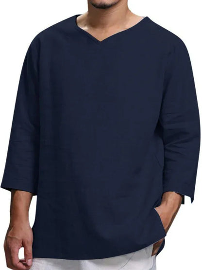 Men V-Neck Cotton Linen Loose Shirt – Light, Breezy, and Stylish for Warm Days! - Shello's Creative Boutique