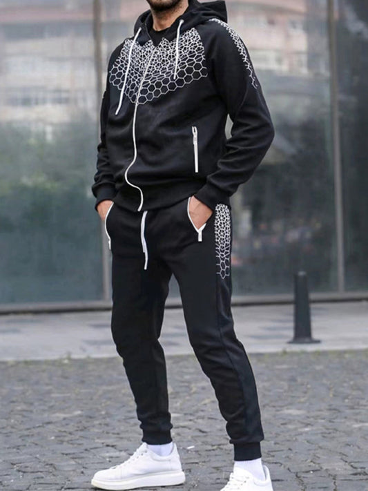 Men's Zipper Hooded Cardigan Jacket Honeycomb Print Casual Sweatshirt Trousers Set Shello's Creative Boutique