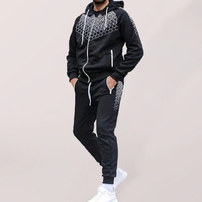 Men's Zipper Hooded Cardigan Jacket Honeycomb Print Casual Sweatshirt Trousers Set - Shello's Creative Boutique
