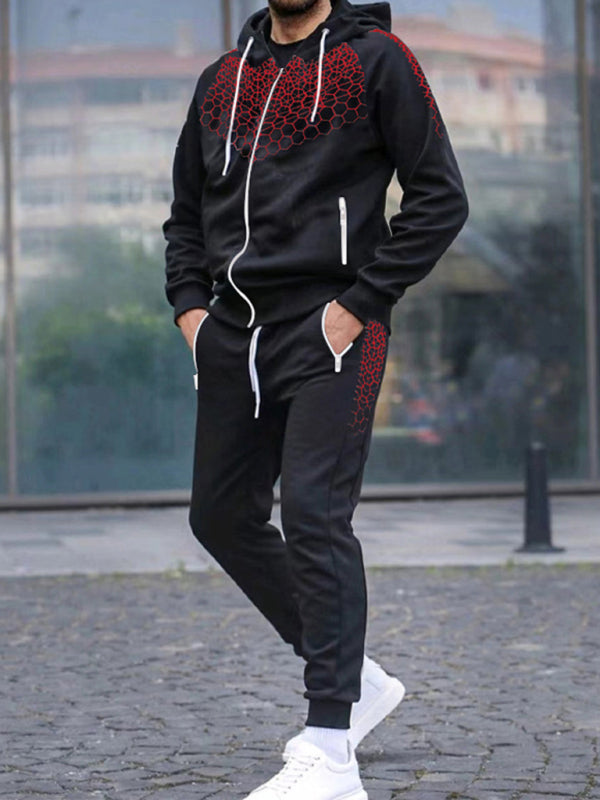 Men's Zipper Hooded Cardigan Jacket Honeycomb Print Casual Sweatshirt Trousers Set Shello's Creative Boutique