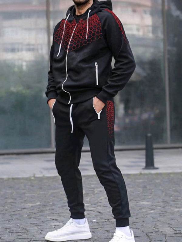 Men's Zipper Hooded Cardigan Jacket Honeycomb Print Casual Sweatshirt Trousers Set Shello's Creative Boutique