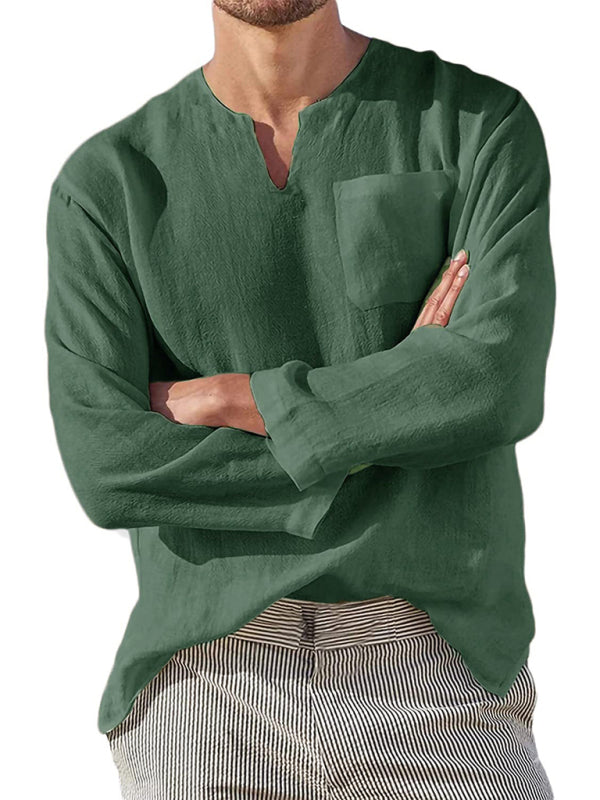 Men's Long Sleeve V Neck Casual Beach Linen Shirt Shello Creative Boutique