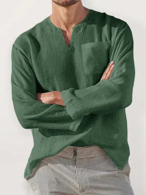 Men's Long Sleeve V Neck Casual Beach Linen Shirt - Shello's Creative Boutique