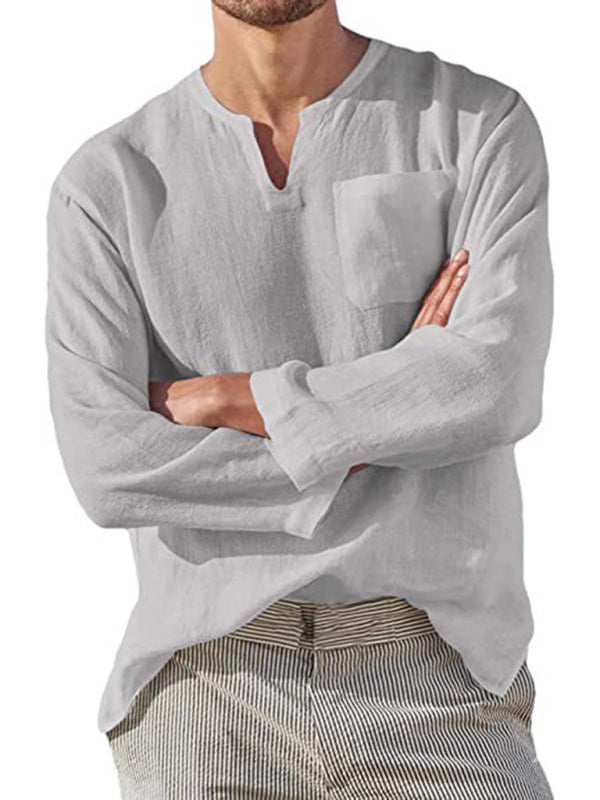 Men's Long Sleeve V Neck Casual Beach Linen Shirt Shello Creative Boutique