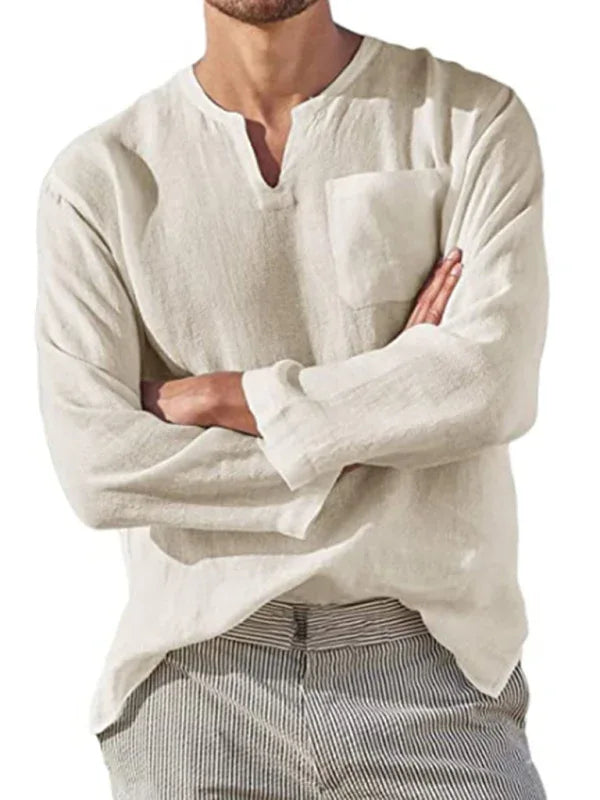 Men's Long Sleeve V Neck Casual Beach Linen Shirt - Shello's Creative Boutique