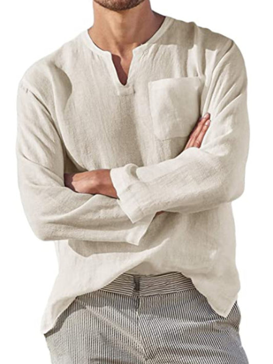 Men's Long Sleeve V Neck Casual Beach Linen Shirt Shello Creative Boutique