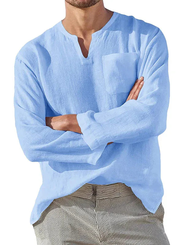 Men's Long Sleeve V Neck Casual Beach Linen Shirt - Shello's Creative Boutique