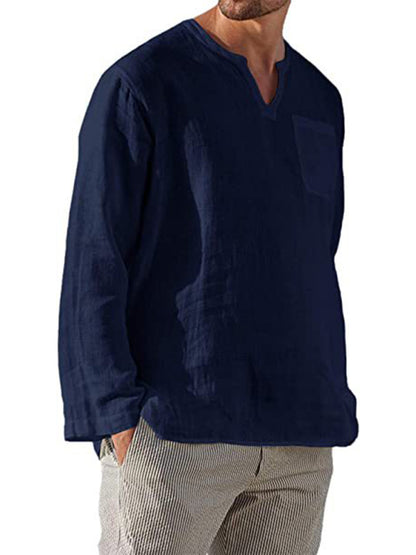 Men's Long Sleeve V Neck Casual Beach Linen Shirt Shello Creative Boutique