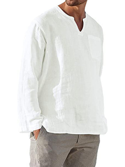 Men's Long Sleeve V Neck Casual Beach Linen Shirt Shello Creative Boutique