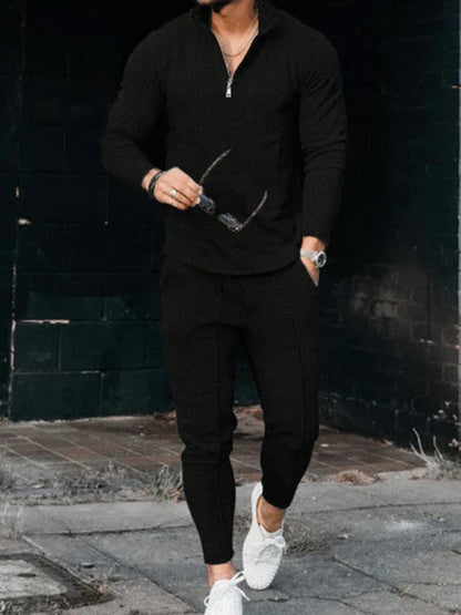 Men's Textured Casual Half Zipper Stand Collar Suits - Shello's Creative Boutique