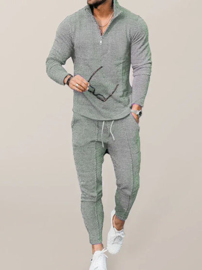 Men's Textured Casual Half Zipper Stand Collar Suits - Shello's Creative Boutique
