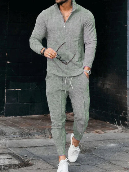 Men's Textured Casual Half Zipper Stand Collar Suits - Shello's Creative Boutique