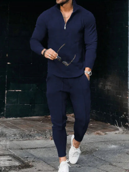 Men's Textured Casual Half Zipper Stand Collar Suits - Shello's Creative Boutique
