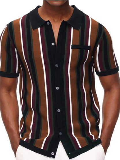 Men's single Breasted Color Contrast Stripe Short Sleeve Shirt Shello Creative Boutique