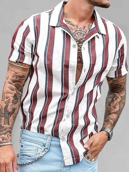 Casual striped slim-fit lapel cotton thin youth short-sleeved lapel shirt cardigan Shello's Creative Boutique