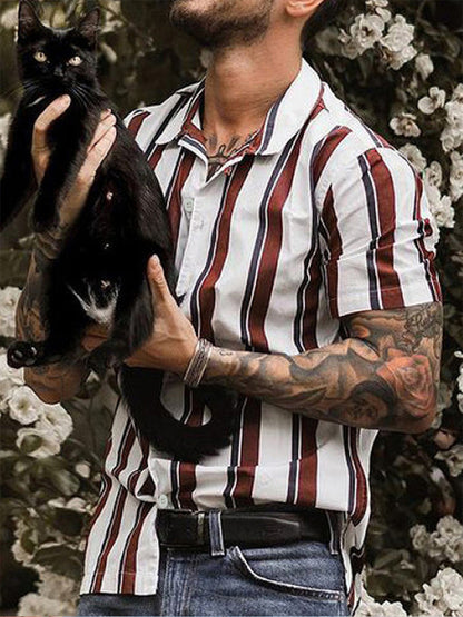 Casual striped slim-fit lapel cotton thin youth short-sleeved lapel shirt cardigan Shello's Creative Boutique