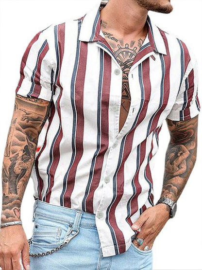Casual striped slim-fit lapel cotton thin youth short-sleeved lapel shirt cardigan Shello's Creative Boutique