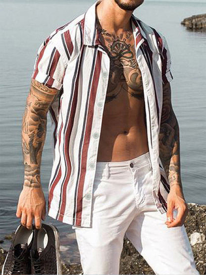 Casual striped slim-fit lapel cotton thin youth short-sleeved lapel shirt cardigan Shello's Creative Boutique