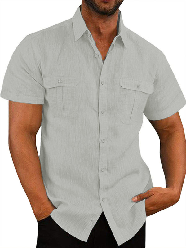 Men's Shirt Double Pocket Cotton Linen Short Sleeve Shirt Casual Vacation Shirt Shello Creative Boutique
