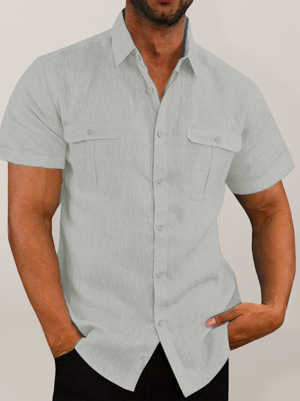 Men's Shirt Double Pocket Cotton Linen Short Sleeve Shirt Casual Vacation Shirt Shello Creative Boutique