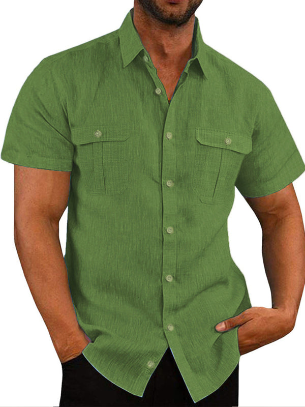 Men's Shirt Double Pocket Cotton Linen Short Sleeve Shirt Casual Vacation Shirt Shello Creative Boutique