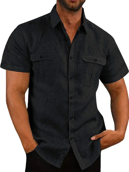 Men's Shirt Double Pocket Cotton Linen Short Sleeve Shirt - Shello's Creative Boutique