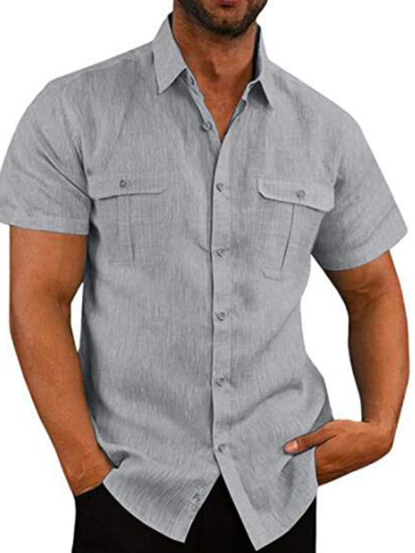 Men's Shirt Double Pocket Cotton Linen Short Sleeve Shirt Casual Vacation Shirt Shello Creative Boutique