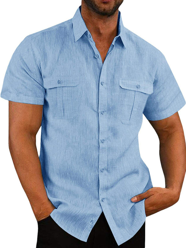 Men's Shirt Double Pocket Cotton Linen Short Sleeve Shirt Casual Vacation Shirt Shello Creative Boutique
