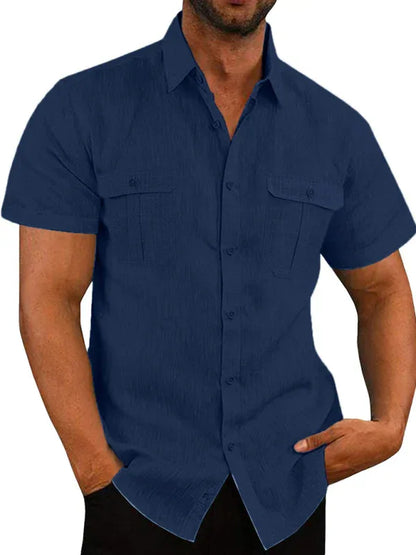 Men's Shirt Double Pocket Cotton Linen Short Sleeve Shirt - Shello's Creative Boutique