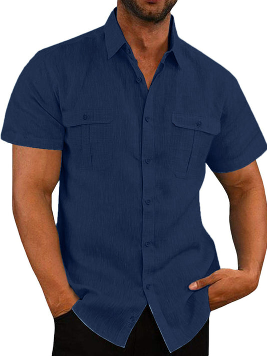 Men's Shirt Double Pocket Cotton Linen Short Sleeve Shirt Casual Vacation Shirt Shello Creative Boutique