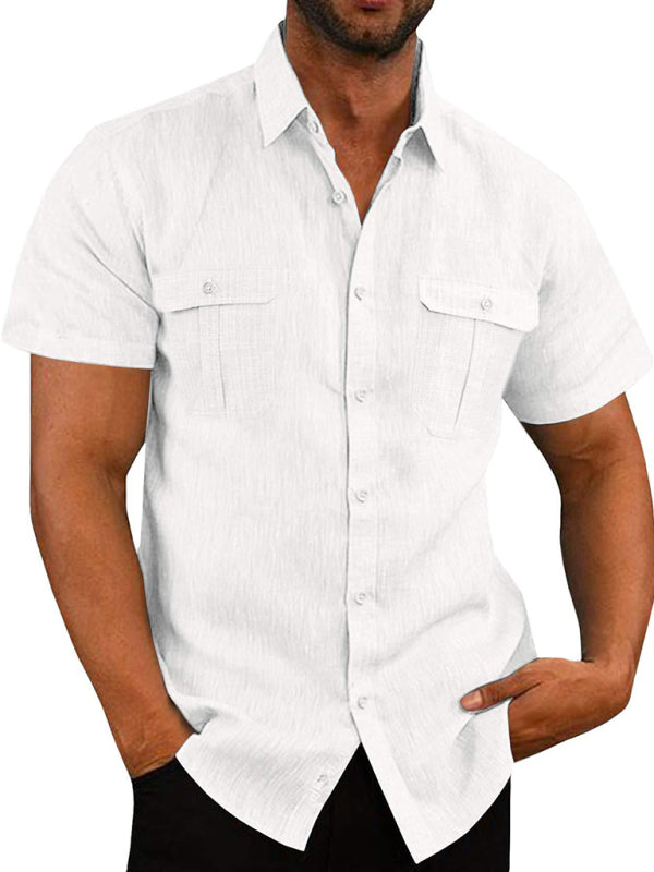 Men's Shirt Double Pocket Cotton Linen Short Sleeve Shirt Casual Vacation Shirt Shello Creative Boutique