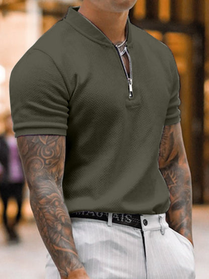 Men's Solid Color Zipper Stand Collar Casual Short Sleeve T-Shirt Shello's Creative Boutique